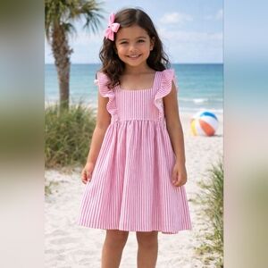 Zara Pink & White Striped Ruffle-Shoulder Dress